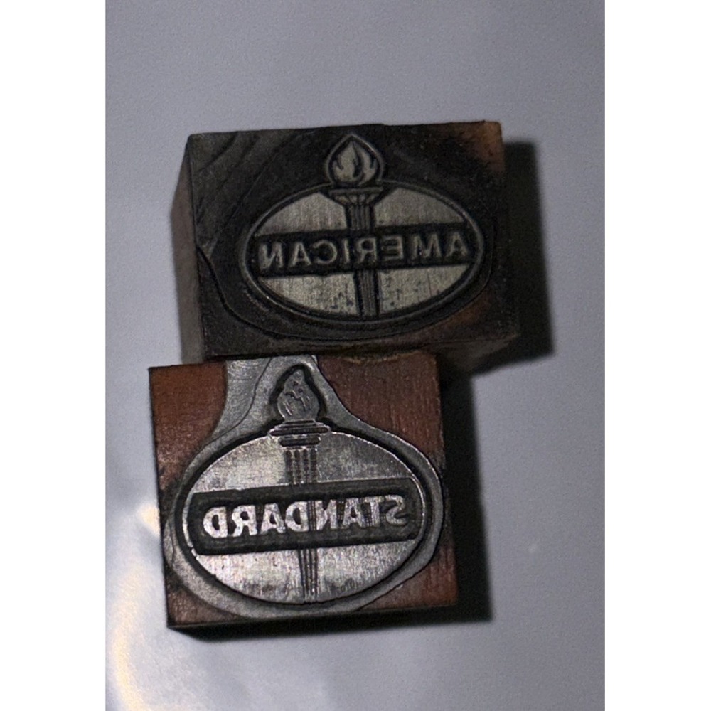 Vtg Standard Oil Logo Metal‎ Printing Block Letterpress Stamp Torch 2- 1" Blocks